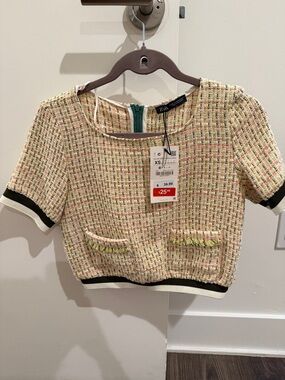 Zara Pastel Tweed Cropped Top with Black Trim